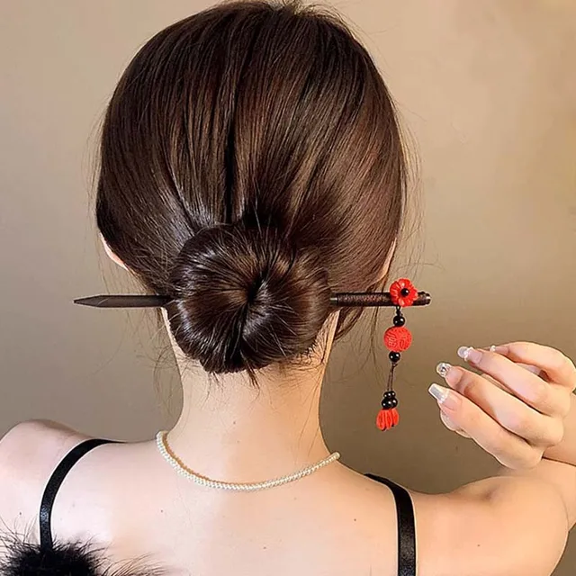Retro Red Flower Wooden Hair Stick For Women 2025 New Year Hanfu Hairpin Chinese Style Hair Fork Hanfu Accessories 4