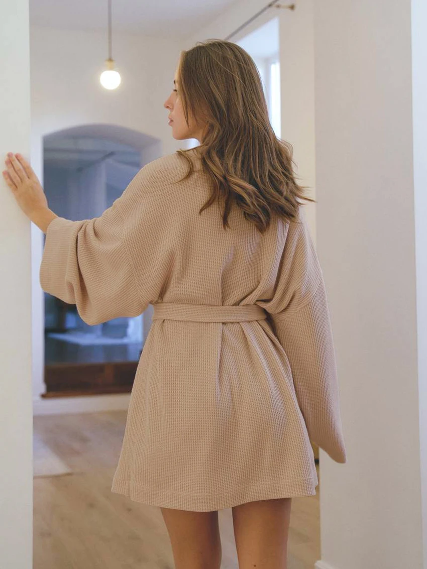 Marthaqiqi Home Clothes For Women Sexy V-Neck Sleepwear Long Sleeve Bathrobe Lace Up Robe Mini Dress Winter Casual Ladies Female