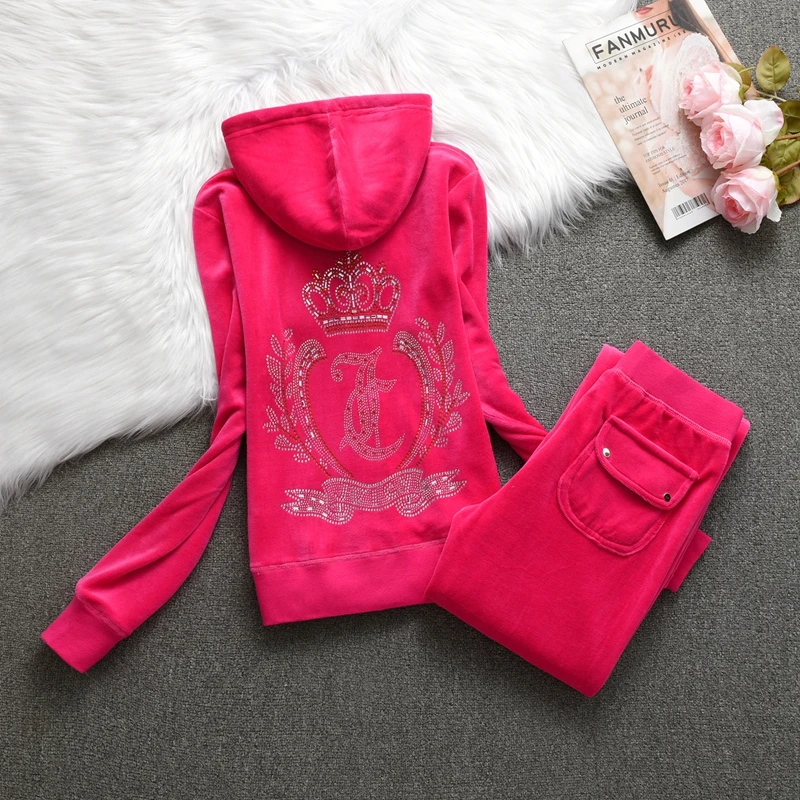 2025 Women Hooded Velvet Tracksuit Warm Two-Piece Set Velvet Tracksuit Crystal Pattern Jacket + Casua Long Pants 2Pcs 5