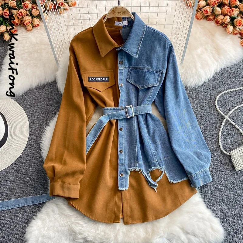 

LKF New Denim Spliced Polo Neck Dress for Women's Wear: Slim Waist, Irregular Mid Length Shirt