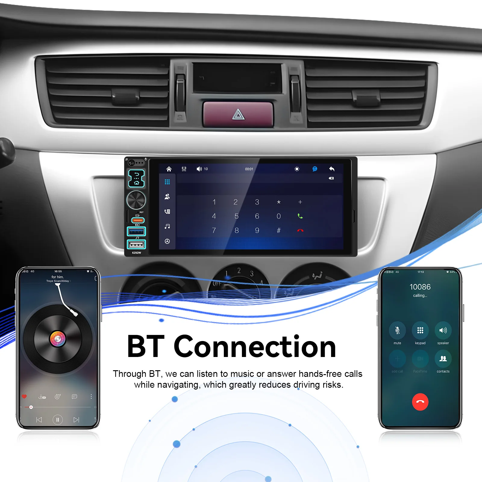 Podofo Reproductor Multimedia para Auto con Pantalla Táctil HD de 6.8” 6.9” 1DIN, Carplay Inalámbrico/Carplay con Cable, Android Auto Universal, Reproductor MP5 para Auto, Radio FM BT, Tipo-C/USB, Cámara de Visión Trasera, Autoradio 4
