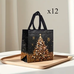Festive Christmas Gift Bags - Elegant Black & Gold with Handles, Snowman, Tree & Stocking Design for 23x22x11cm (12pcs D)