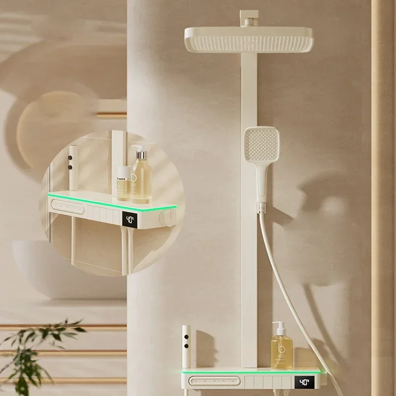 Milk White Constant Temperature Digital Display Shower Set Bathroom Removed Chlorine Atmosphere Lamp Shower System Faucet Set
