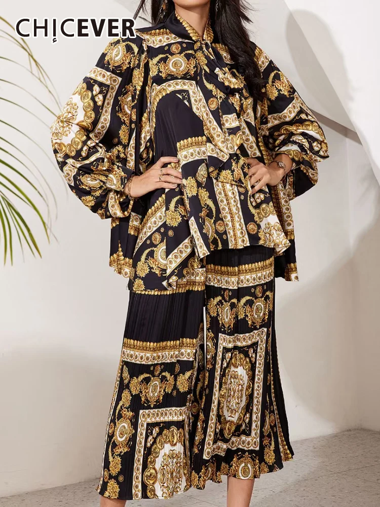 

CHICEVER Vintage Two Piece Sets For Women Stand Collar Long Sleeve Tops High Waist Folds Loose Trousers Print Casual Set Female