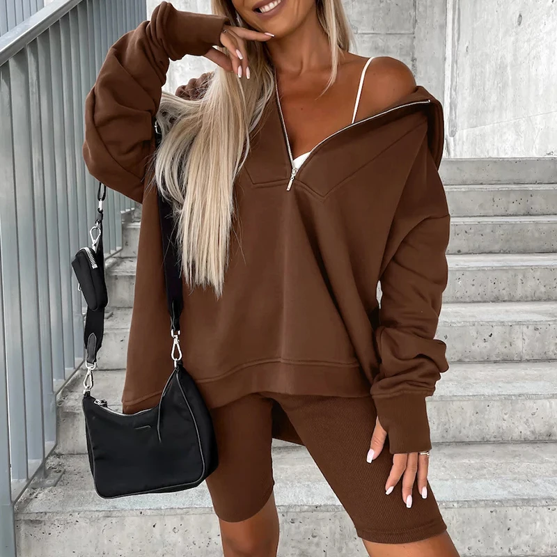 

Casual Loose Two Piece Set 2023 Autumn Elegant Long Sleeve Hooded Sweatshirt & Shorts Outfits Winter Sports Jogger tracksuit