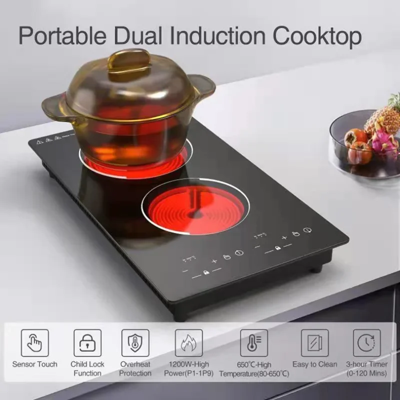 Kitchen 2 Rings Ceramic Cooker Induction Cooktop Double Electric Cooker Hob Heating Electric Stove Vertical Cooking Plate