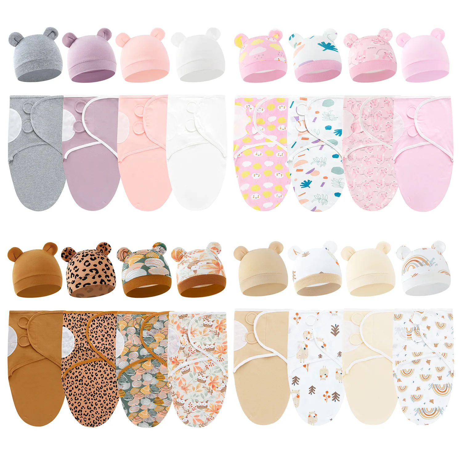 Cute Cartoon Cotton Baby Swaddle Blanket Swaddle Wrap Baby Hat Set for Infant Adjustable Newborn Swaddle Baby Swaddles 0-6 Month
