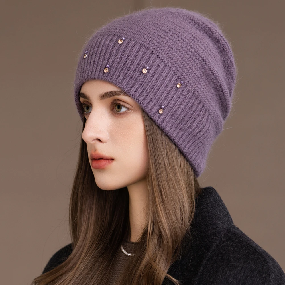 New Fashion Winter Women Hat Decorate Beanie Hat Rabbit Fur Blend Warm Winter Cap Y2K Female Casual Streetwear Knitted Hat