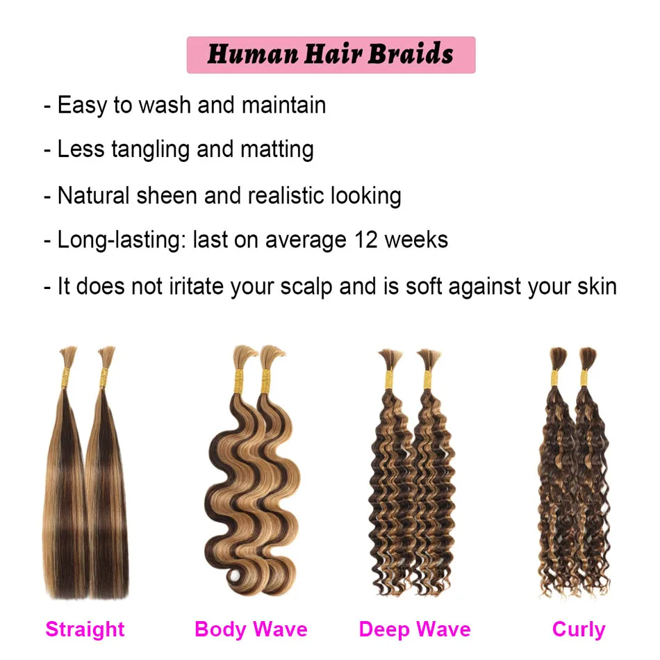 Blonde Deep Wave Human Braiding Hair Micro Crochet Curly Braiding Human Hair No Weft Bulk Knotless Bohemian BoxBraid 27/613 human hair extensions