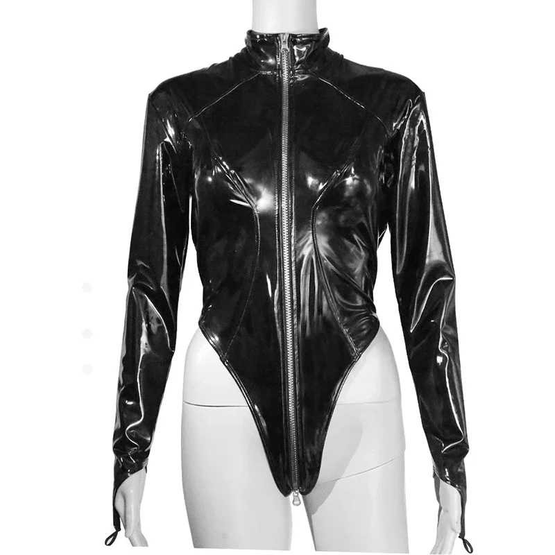 Women Sexy Shiny Patent Leather Bodysuits Ladies Long Sleeve High Neck Leotard Clubwear Latex Leather Bodycon Costume Custom