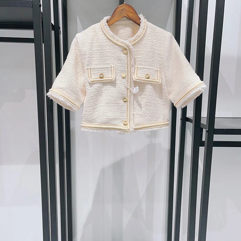 2025 Early Spring Women's French Tweed Set Gold Button O-Neck Short Sleeve Short Jacket Top or High Waist Loose Straight Pants 3