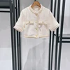 2025 Early Spring Women's French Tweed Set Gold Button O-Neck Short Sleeve Short Jacket Top or High Waist Loose Straight Pants 3