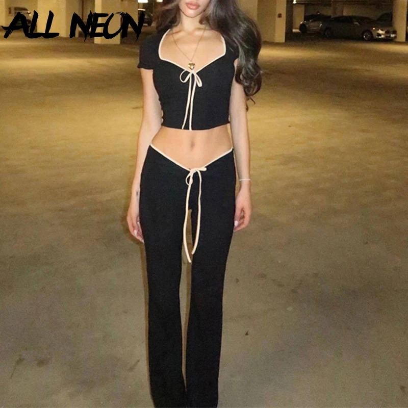 ALLNeon Fairy Streetwear Co-ord Sets Ladies Square Collar Lace-Up Crop Tops Basic Low Waist Flare Pants Chic Two Piece Suit Slim new twill silk scarf euro style women 5 stars printed scarves for women ladies satin shawls 130 130cm square pashmina bandana