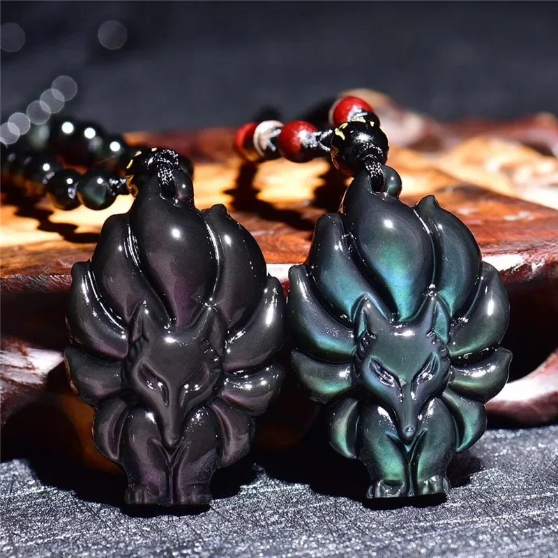 Natural Colored Obsidian Hand Carved Nine Tailed Fox Jade Pendant, Fashionable Boutique Jewelry, Men's and Women's Fox Necklace
