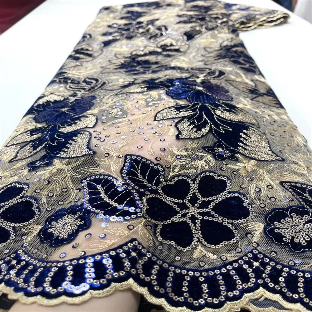 

African Tulle Lace Navy Blue Sequins African Velvet Lace Fabric 2023 African Net Lace 5 Yards Nigerian Lace Fabric For Wedding
