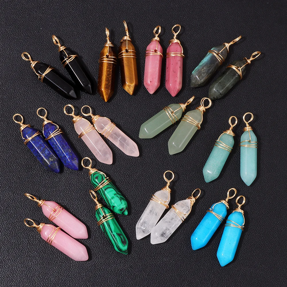 5pcs Wire Wrapped Hexagonal Pendant Natural Labradorite Quartzs Pointed Bullet Stone Pendulun Charms For Necklace Earrings DIY 3