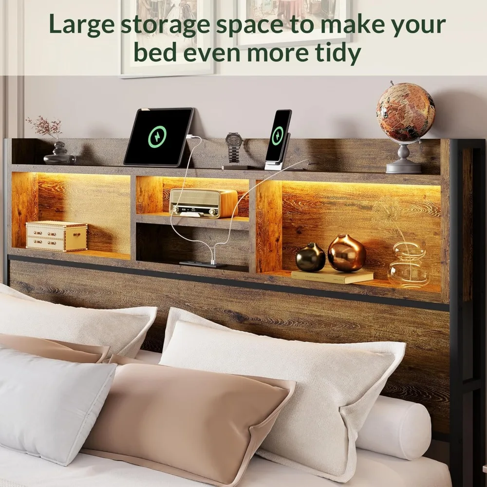Queen Size Bed Frame with 6 Storage Drawers and Headboard Wooden Platform Beds Frames with LED Lights, Queen Bed Frame 5