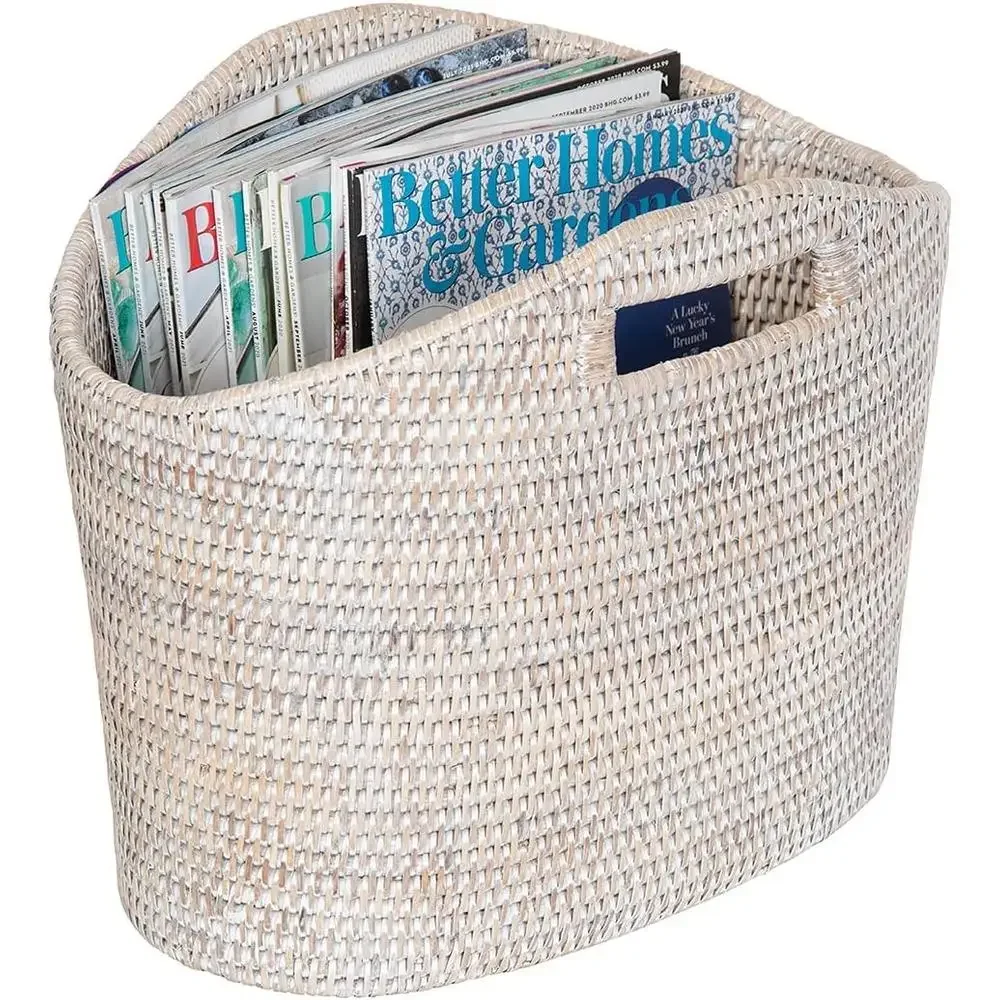 Rattan Magazine Holder Clear Lacquer Finish Oval Shape White-Wash 14.25"x9.5"x12.25 4
