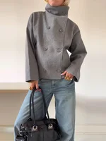 Solid Turtleneck Double-Breasted Pocket Coats Women Casual Loose Full Sleeve Female Jacket 2025 Autumn Office Lady Jackets 1