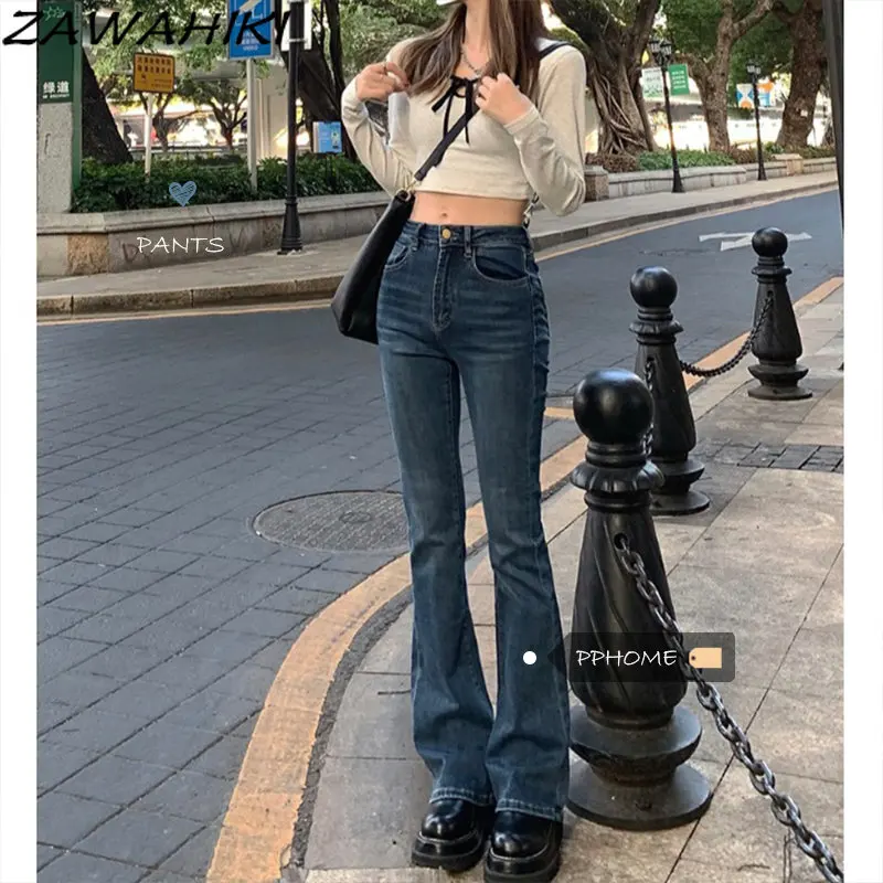 

Korean Vintage Y2K Aesthetic Slim Solid Color Jeans High Waist Washed Boot Cut Fashion Casual All Match High Street Denim Pants