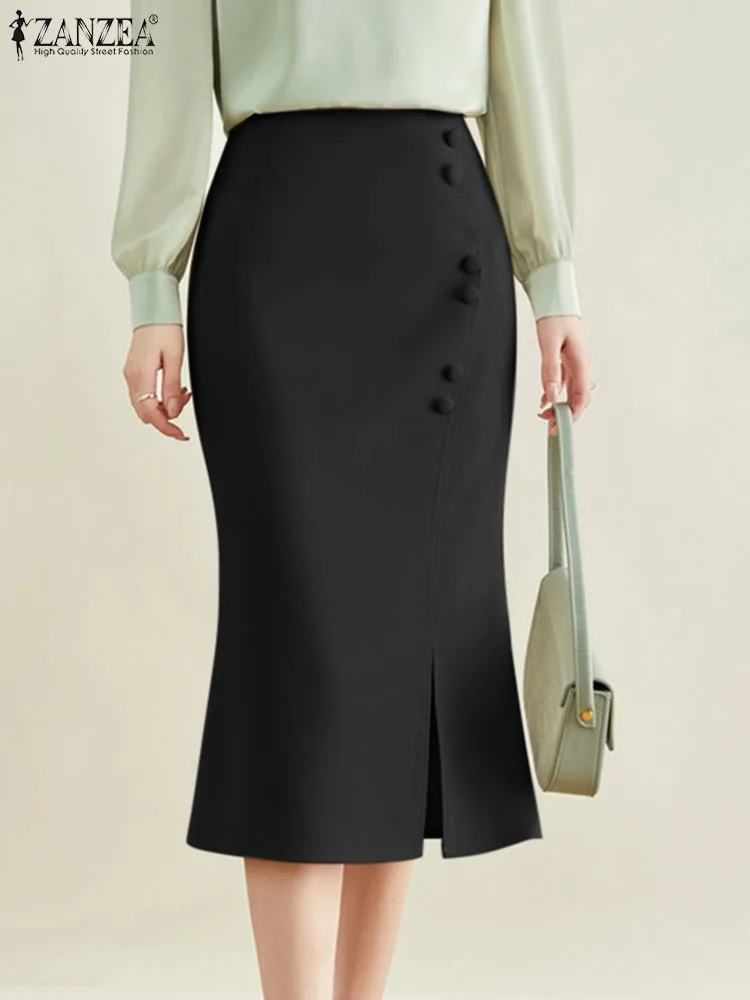 ZANZEA Women Slit Hem Midi Jupes Package Hip Skirt Korean Fashion Sexy Slim Mermaid Skirts Elegant High Waist Office Wear Faldas