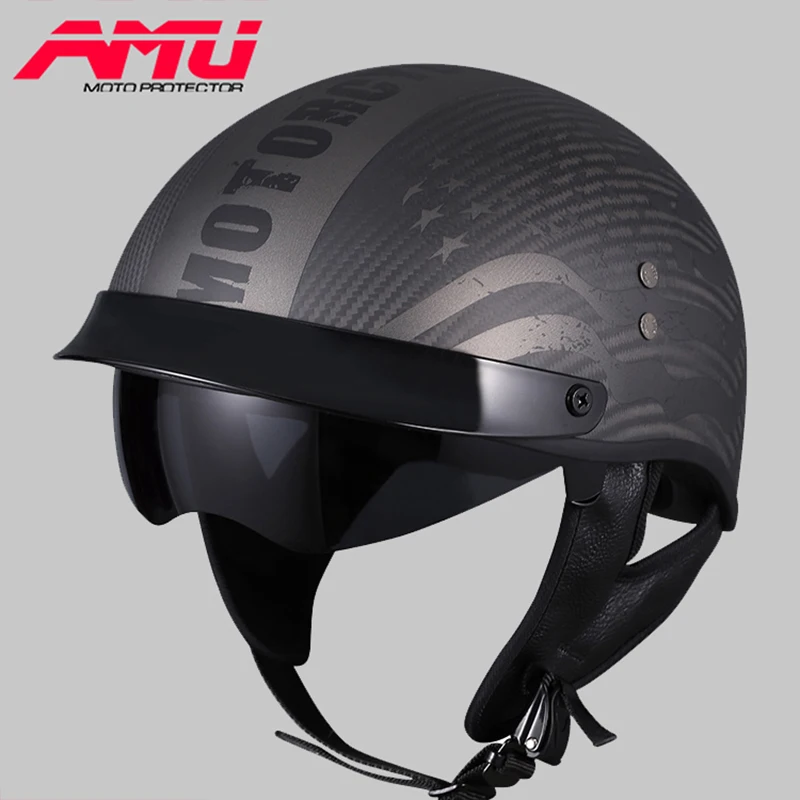 AMU Carbon Fiber Retro Helmet Men's Four Seasons Motorcycle Half Helmet Electric vehicle Half