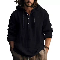 2025 nouveaux hommes blouse décontractée coton lin chemise hauts amples à manches longues t-shirt printemps automne décontracté hommes chemises à capuche 5