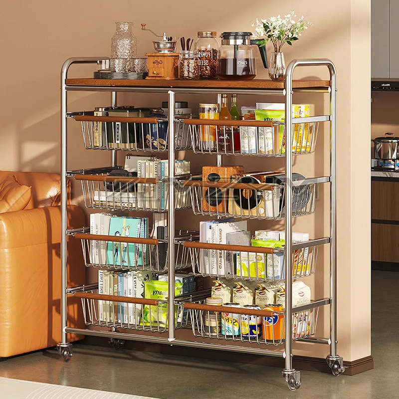 Mobile Kitchen Trolley Medieval Trolley Living Room Snack Storage Rack Home Kitchen Vegetable Wall Shelf Universal Pulley Cart