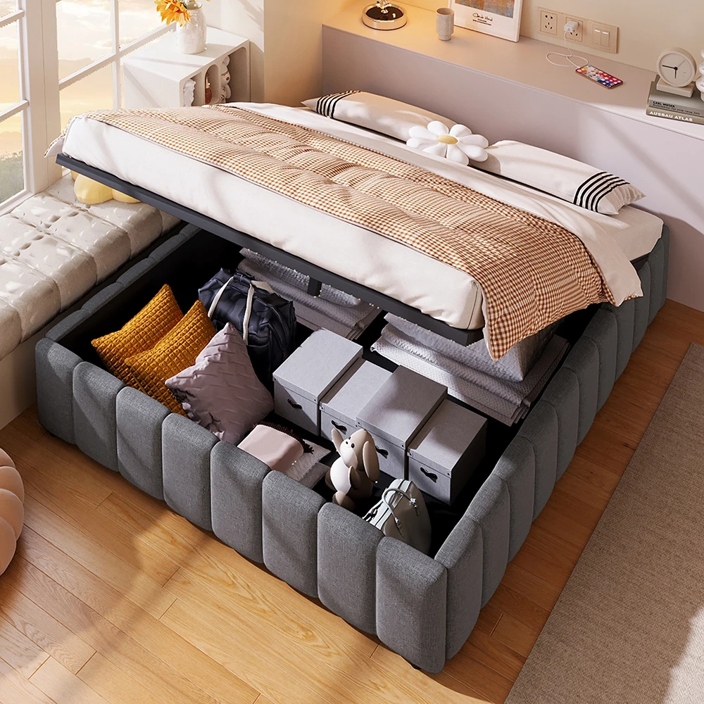KOMHTOM Upholstered Bed Frame 140×200 cm, with Hydraulic Storage Space and Slatted Base, without headboard and mattress, Linen