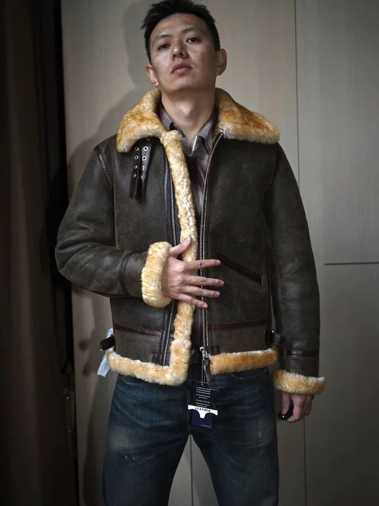 Jaqueta de Couro de Cordeiro Masculina, Casaco Piloto, Pele de