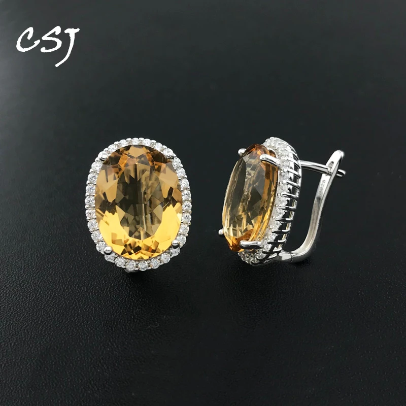 

CSJ Citrine Quartz Gemstone Noble Earring Sterling 925 Silver Oval12*16mm 17Ct Fine Jewelry for Women Lady Christmas Party Gift