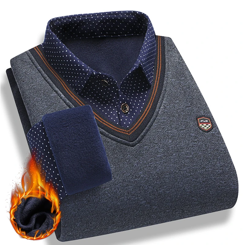 Men's Plush Sweater Autumn Winter Fake Two Piece Pullover Polo Shirt Collar Fleece Thick Warm Top Clothes Casual Jumpers 2