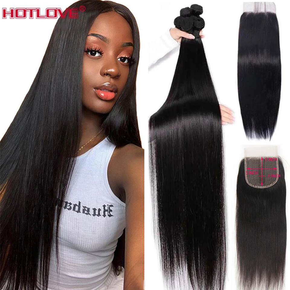 

Straight Human Hair Bundles With Closure Brazilian Human Hair Weave 3 Bundles With Closure 5x5 Middle Part Remy Hair