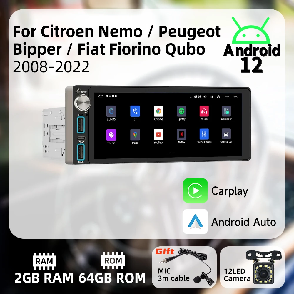 

Автомобильная Мультимедийная система Carplay, 1DIN, Android, для Citroen Nemo, Peugeot, Bipper, Fiat Fiorino, Qubo 2008-2022, 6,86 дюйма, стерео, головное устройство с GPS