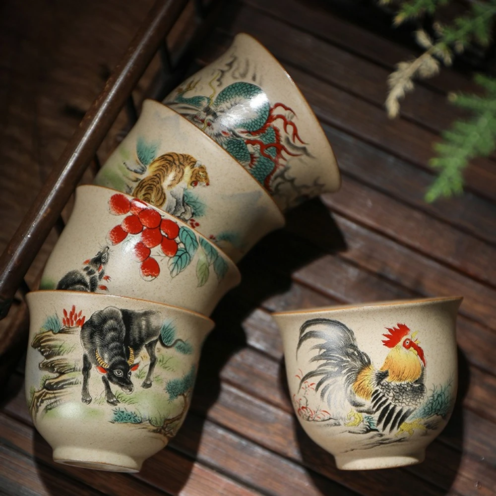 1PC 110ML Coarse Pottery Tea Ware Twelve Zodiac TeaCup Handmade Retro ...