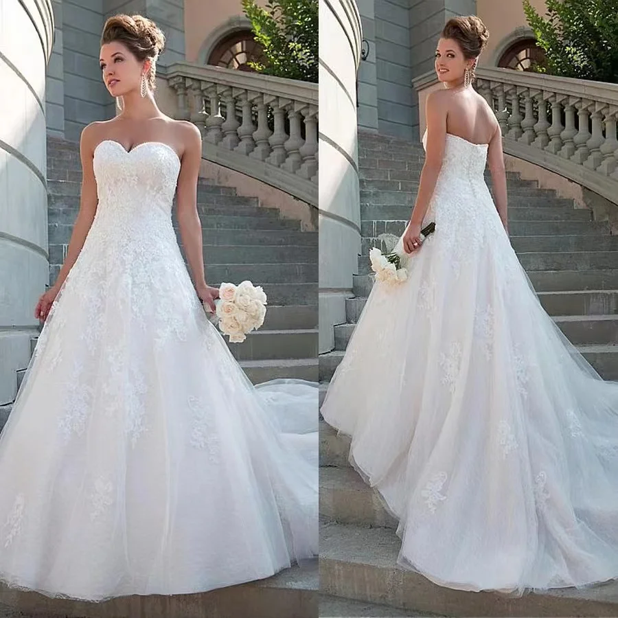 

Romantic Lace Sweetheart Neckline A-line Wedding Dress Strapless Crystals Bridal Gowns robe de mariee princesse de luxe