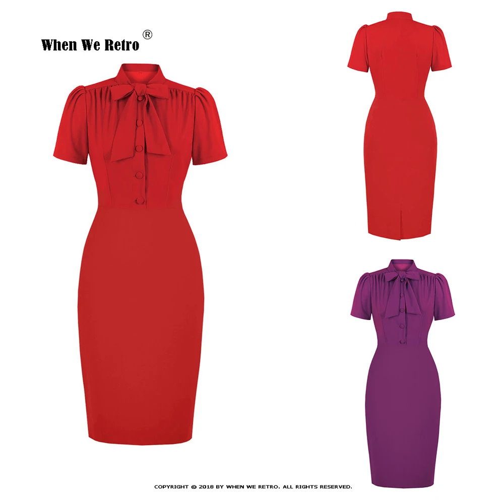 

Solid Red Purple Vintage Dress For Women Bow Tie Neck Short Sleeve Bodycon Slim Office Ladies Retro Pencil Dresses VD3764