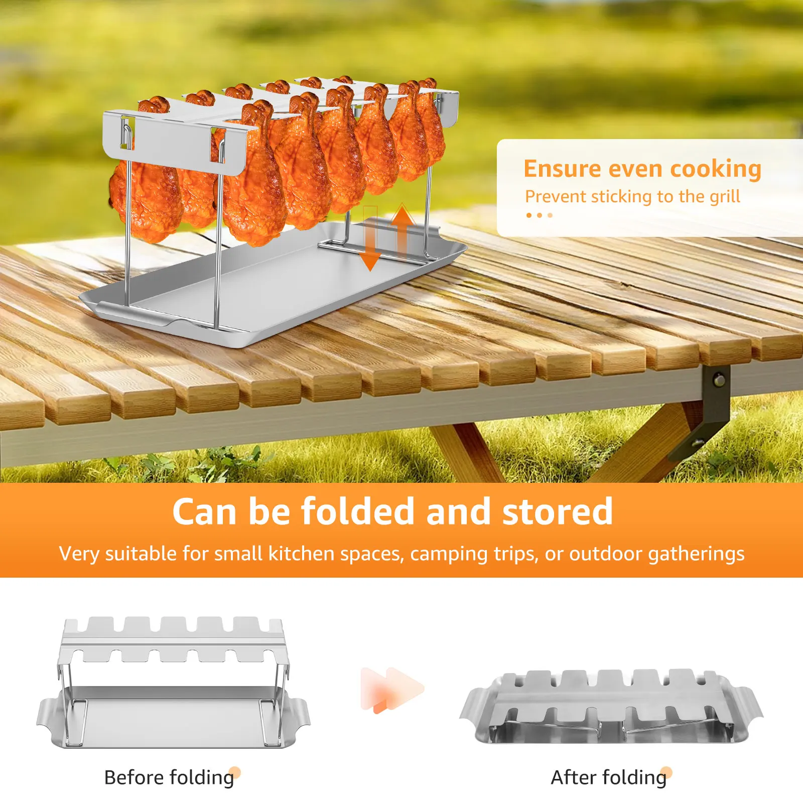 Chicken Leg Rack for Grill Barbecue Cooking Rack Stainless Steel Chicken Wing with Drip Tray Folding BBQ Drumstick Stand