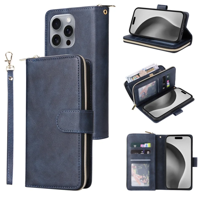 Premium Flip Leather Wallet Case with Zipper Purse and Multi-Card Slots