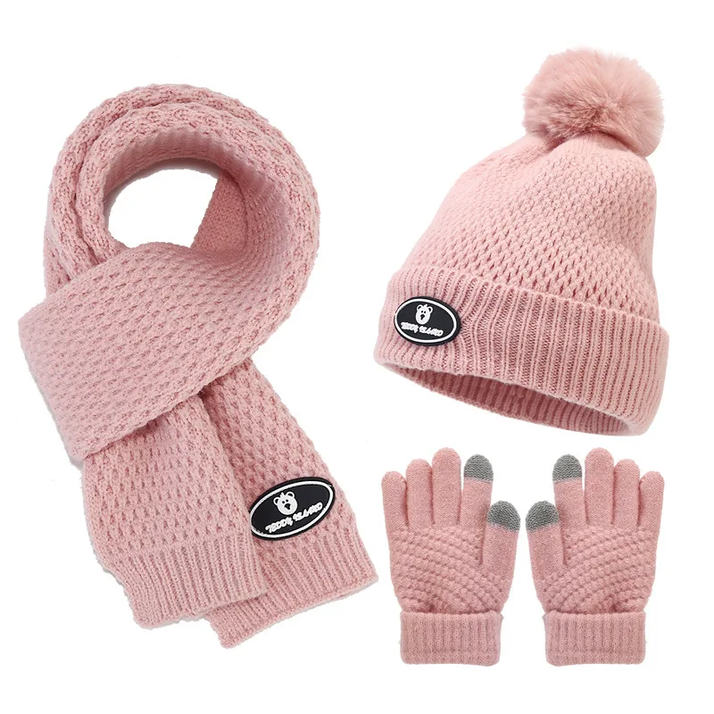 New Winter Children's Hat Scarf Gloves Set Boys Girls Faux Fur Ball Hat Thick Plush Knitted Cap Collar Gloves 3pcs Set