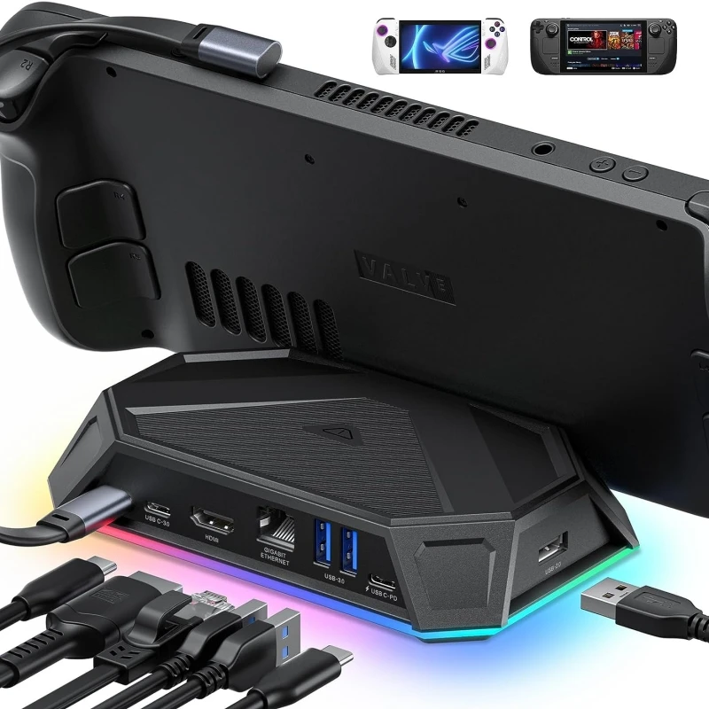 Docking Station Rgb Per Steam Deck Oled,8-In-1 Steam Deck Oled Dock Con 4K @ 60Hz Hdmi,Dual Usb-A 3.0,Usb 2.0,100W Usb-C Ricarica