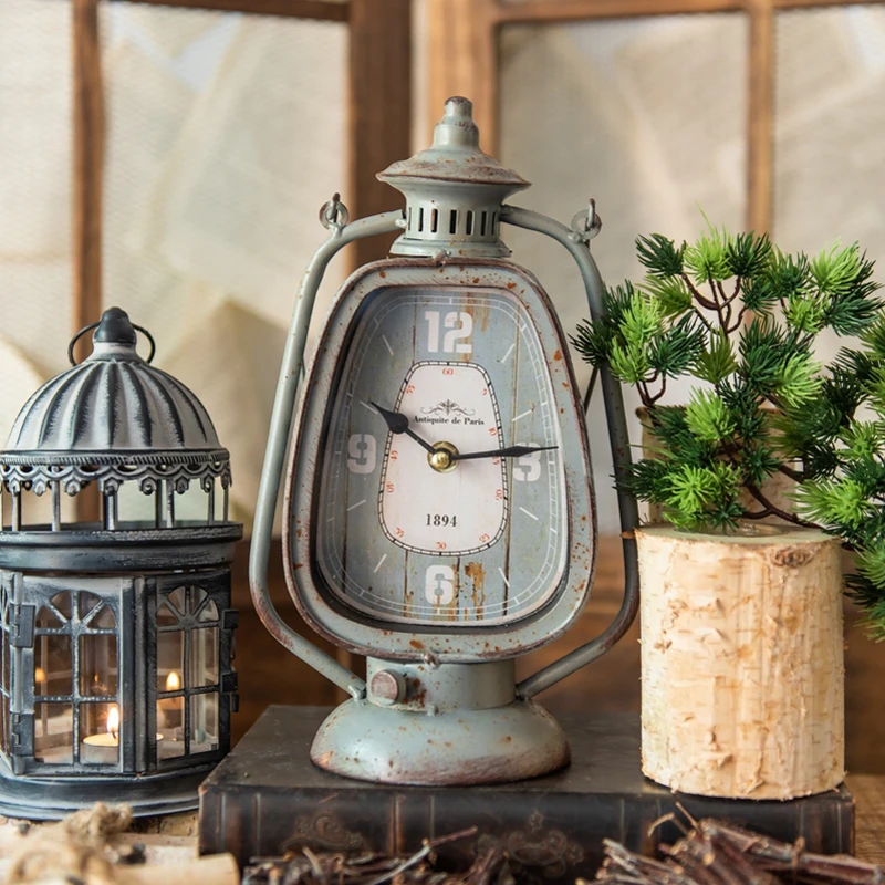 

Antique Grey Handle Candle Lantern Shape Iron Clock European Farm House Home Garden Tabletop Decor Metal Clock With Round Base