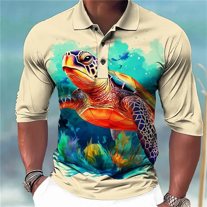

Футболка-поло мужская с длинным рукавом, дизайнерская рубашка с лацканами, с 3D принтом черепахи, уличная одежда, удобные топы