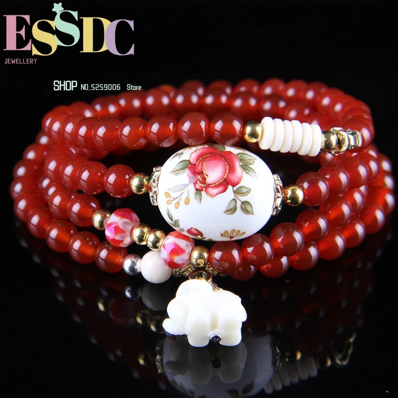 

New Lady Jewelry Bracelet Red Carnelian Elephant Pendant Wholesale Stone Natural Rain Flower