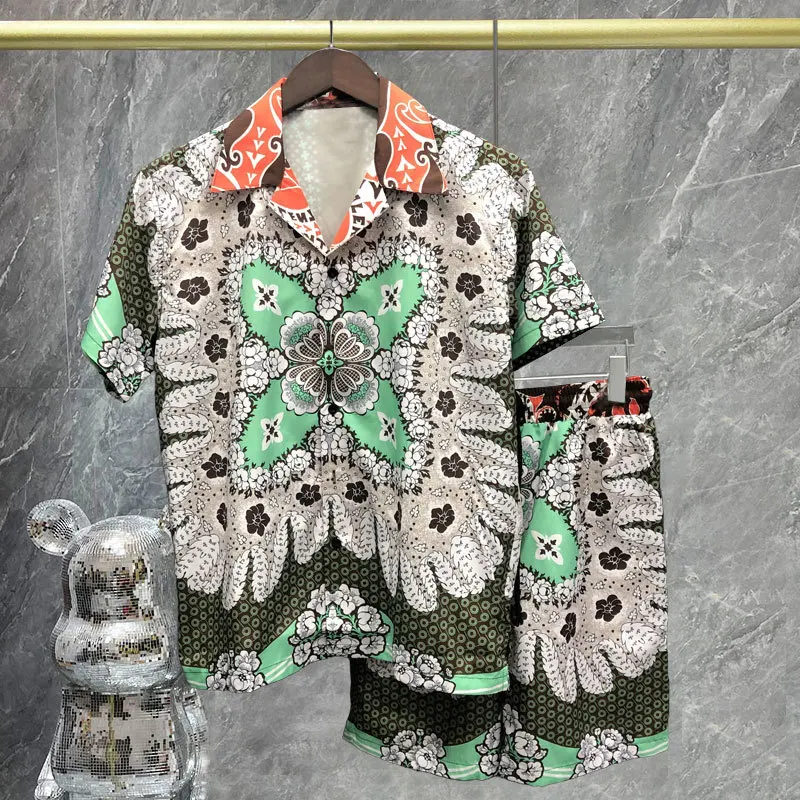 

Рубашка с коротким рукавом для мужчин, этнический костюм с контрастным графическим принтом, уличная одежда с лацканами, повседневный костюм, лето