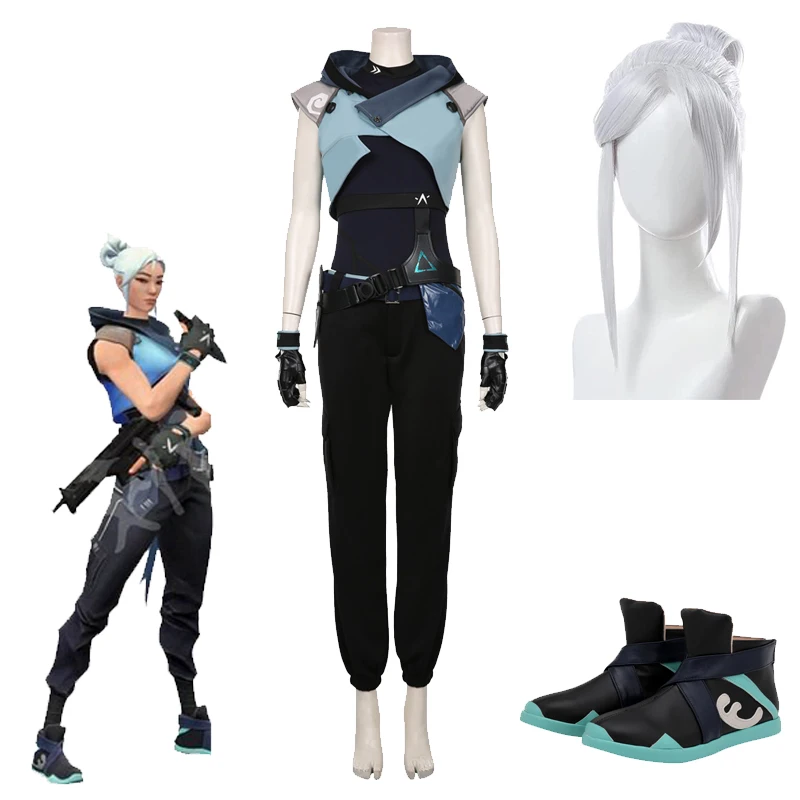

Jett Cosplay Costume Anime Game Valorant Top Pants Silver Wig Women Full Set Clothes Sports Shoes Halloween Carnival Party Suits