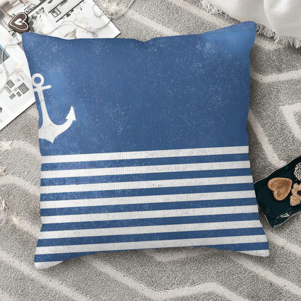

Vintage Anchor for Regatta with Stripes Blue White Nautical Marine Vintage Polyester Cushion Cover Navigation Sofa Chair Kawaii