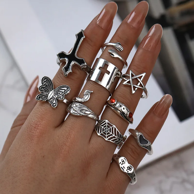 LATS Vintage Silver Plated Cross Ring for Women Gothic Punk Steampunk Crying Face Butterfly Frog Ring Sets Party Fashion Jewelry
