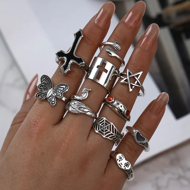 LATS Vintage Silver Plated Cross Ring For Women Gothic Punk Steampunk Crying Face Butterfly Frog Ring Sets Party Fashion Jewelry