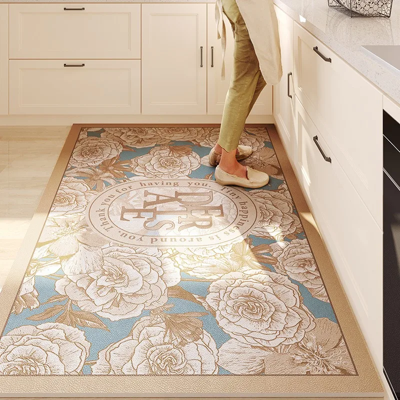 European Kitchen Floor Mat PVC Leather Waterproof Oil-proof Floral Carpet Anti-fouling Easy Clean Balcony Rugs Tapete De Cozinha